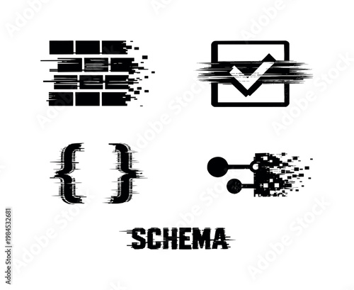 Digital schema validation and data structure integrity theme, a set of 4 glitch-distorted monochrome objects placed on a perfectly clean white background, each object