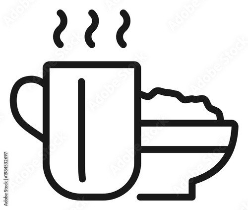 Tableau sur toile Minimalist black line vector icon of a steaming mug of coffee or tea next to a bowl of cereal or porridge, breakfast or morning meal symbol illustration isolated on a white background