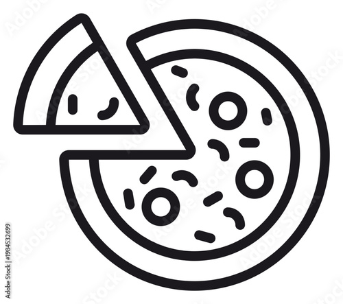 Pizza icon vector illustration featuring a black line art drawing of a whole pizza with one slice removed, perfect for restaurant menus, food delivery apps, cooking websites, and graphic design.