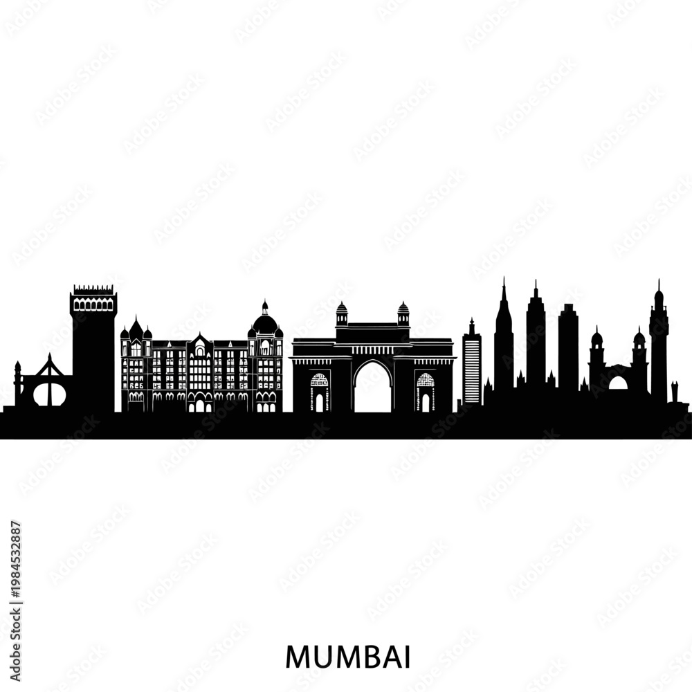 Fototapeta premium Mumbai Cityscape Silhouette - Iconic Landmarks and Architectural Marvels.