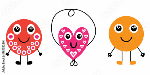 Three cartoon characters resembling balloons with faces and limbs
