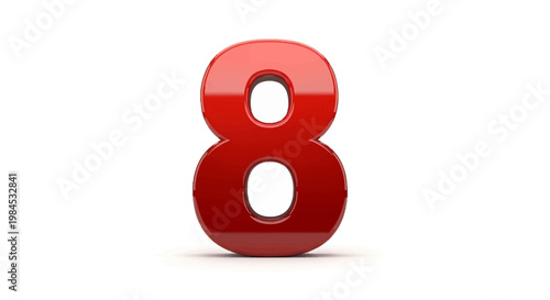 Red Number Eight Rendered in 3D on a White Background with Glossy Surface Finish