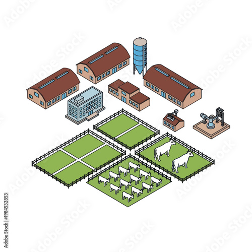 Farm Buildings and Fields with Livestock.
