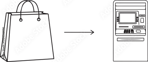 Shopping bag, payment, ATM machine, cashless transaction, vector icons