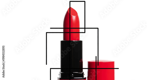 Vibrant Lipstick with Geometric Lines on a White Background for Cosmetics and Beauty