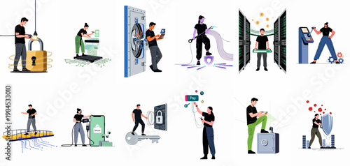Collection of Cybersecurity, Digital Finance, and IT Maintenance Illustrations Featuring Characters Managing Data Protection, Network Security, and Online Payment Systems