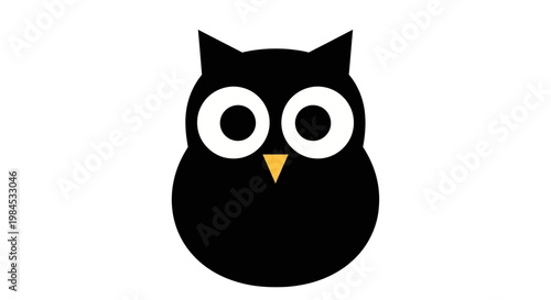 Minimalist graphic of a stylized owl in black and white with a yellow beak design