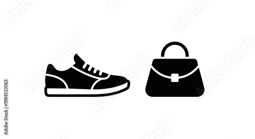 Minimalist representation of footwear and an elegant handbag on a blank canvas
