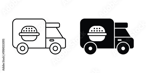 Food Truck Icon Set in Thin line and silhouette. Street Food Van and Mobile Catering Symbol Collection.  fast food business designs.
