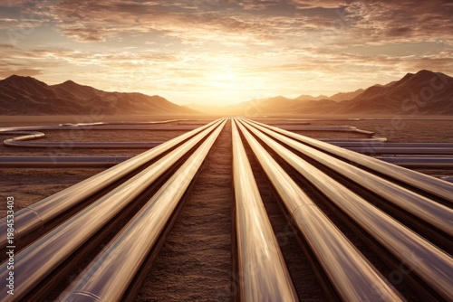 The unseen paths of oil: a journey across arid wastelands. Professional look. Pipelines at sunset: subtle shifts in the desert energy landscape. Concept art. Fashion beauty.
