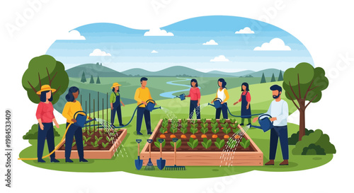 Diverse group of people gardening together in community plot.