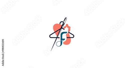 Minimalist Fashion Design Logo Depicting Needle, Hanger and Clothing Silhouette