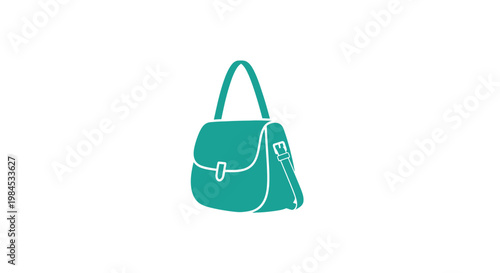Minimalist representation of a teal handbag with strap and clasp, on white background