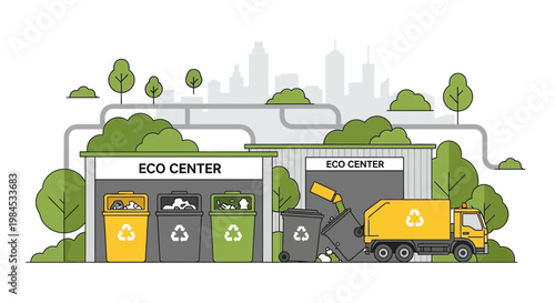 Eco Center Recycling Facility with Trucks and Bins.