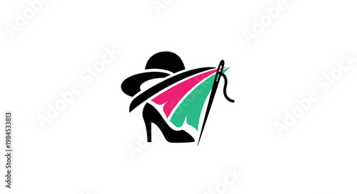 Elegant fashion design logo featuring a high heel, hat, and needle on white background