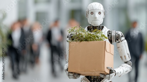 The rise of ai: understanding its impact on employment. Clear focus. Robot observes as employee leaves: a visual on job automation. High resolution. Empty space.