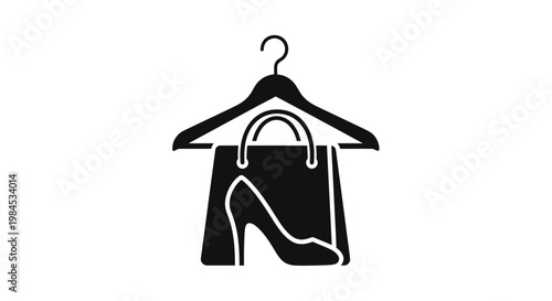 Silhouette illustration of fashion elements, showing a shopping bag, hanger, and high heel