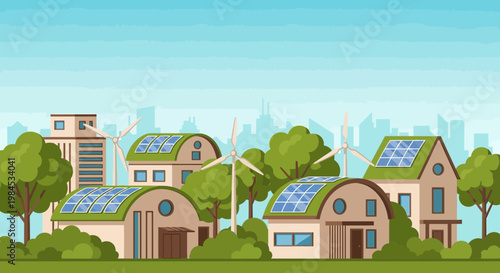 Eco friendly houses with solar panels and wind turbines.