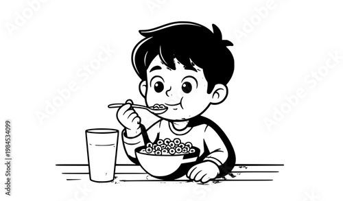 Cheerful Kid Enjoying Cereal and Orange Juice Breakfast
