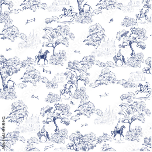Woman on a horse, ancient castle in a garden, rider on horseback, jumping dogs, toile de Jouy blue  pattern for wallpaper, textile.