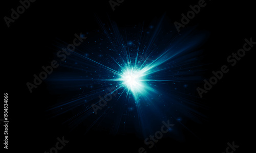 Canvastavla Vibrant blue and cyan light burst with radiating beams, scattered particles, creating a dazzling, powerful abstract energy explosion in deep space