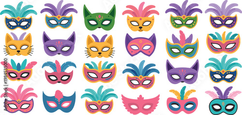 Colorful Carnival Mask Vector Set Featuring Venetian Masquerade Styles With Feathers And Cat Shapes For Mardi Gras Party Invitation Designs