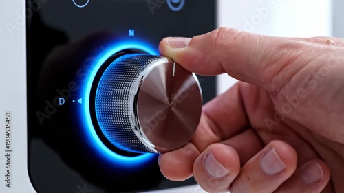 Hand turning a metallic dial with blue LED light on a control panel. Adjusting temperature for a modern heating system. Smart home technology concept