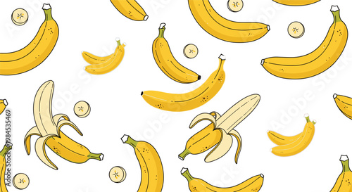 Vector Set of Bananas Including Whole, Sliced, and Peeled Bananas on White Background