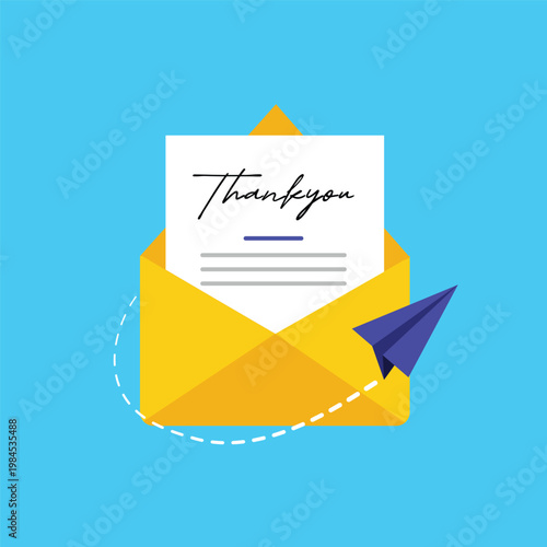 Thankyou Message in Envelope with Paper Plane, Email Sending Concept. vector illustration