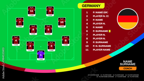Football 2026 Tournament Germany Team Lineup Displaying Player Positions for Strategic Match Presentation Modern Event Design.