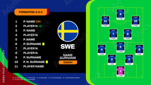 Football Tournament Squad Lineup Design Illustrating 2026 Qualification Match Strategy with Sweden Team Information and Modern Stylized Graphics.