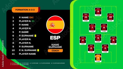 Spain Football Team Lineup Formation 4-3-3 for 2026 Tournament Match Strategy Presentation - Modern Vector Graphic.