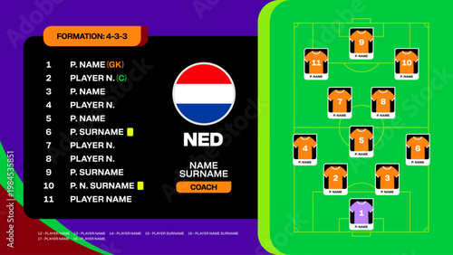 Netherlands 2026 Football Tournament Match Strategy with Team Lineup and 4-3-3 Formation Displayed, Dynamic Vector Graphic