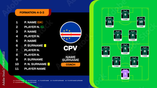 Cape Verde National Football Team Displaying Tactical Lineup and 4-3-3 Formation for 2026 Tournament Match Announcement Design.