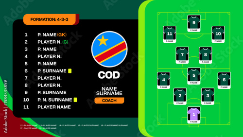 Dynamic Football 2026 Tournament Team Formation Display, Illustrating Player Lineup, Tactical Strategy, and National Flag.