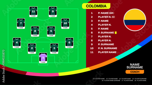 Colombia National Football Team Roster and Formation Display for 2026 Tournament Match Announcement, Vibrant Stylized Vector Graphic.