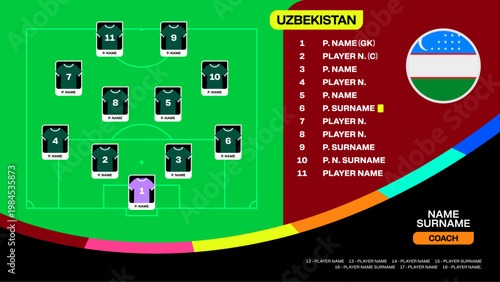 Uzbekistan National Football Team Lineup and Roster for 2026 Tournament Qualification Match Presentation Vector Design