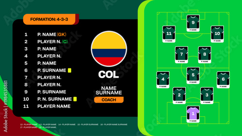 Colombia Football 2026 Tournament Lineup Displaying Team Formation and Player Roster for Strategic Match Analysis in a Modern Vector Style.
