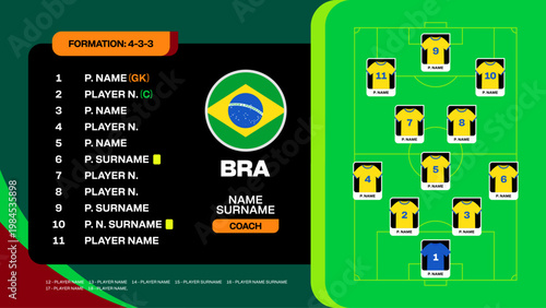 Football 2026 Tournament Brazil Team Lineup and Formation Strategy Graphic for Match Day Announcement Design Exciting Vector