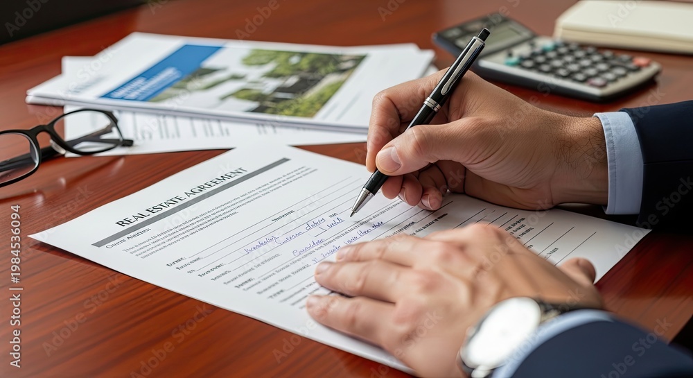 Naklejka premium A person in a suit and tie is writing on a document at a desk. The background is a cityscape with tall buildings and a river.