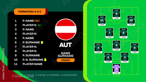 Austria National Football Team Lineup and 4-3-3 Formation Display for 2026 Tournament Match Announcement Design.