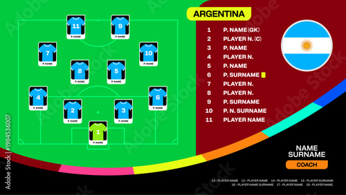 Argentina Football Team Lineup Displaying Strategic Formation for 2026 Sports Tournament Announcement and Match Presentation.