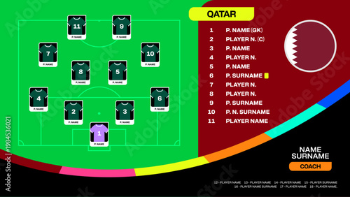 Football 2026 Tournament Match Announcement Design, Featuring Qatar Team Lineup, Player Positions, Strategic Formation, and Vibrant Presentation.