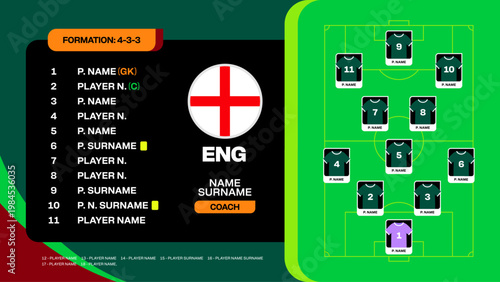 England Football Team Match Lineup and 4-3-3 Formation for 2026 Sports Tournament Announcement Vector Graphic