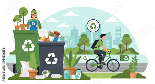 Ecofriendly urban lifestyle with recycling and cycling.
