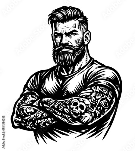 Black and white illustration features a strong man with a full beard, trimmed mustache, and modern undercut hairstyle. He stands with arms crossed, exhibiting highly detailed tattoos on both sleeves, 