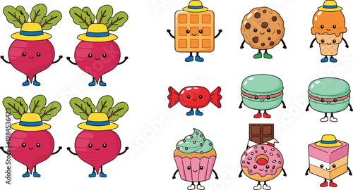 Cute dessert and vegetable cartoon characters vector set with cupcakes, donuts, macarons, candy, waffles and funny kawaii food illustration collection