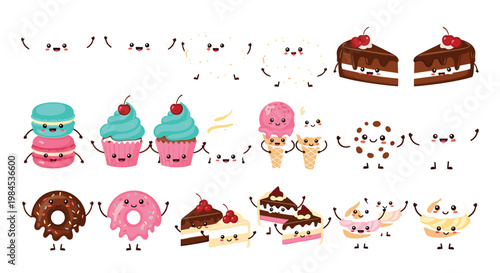 Cute dessert cartoon characters vector set with cakes, donuts, cupcakes, macarons, ice cream and funny kawaii sweets illustration collection