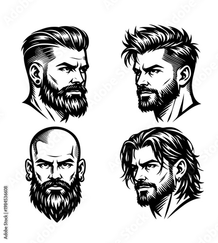 Set of male hairstyles and beards in engraving style. Various grooming looks. Vector black ink illustration, barber guide concept for posters or design.