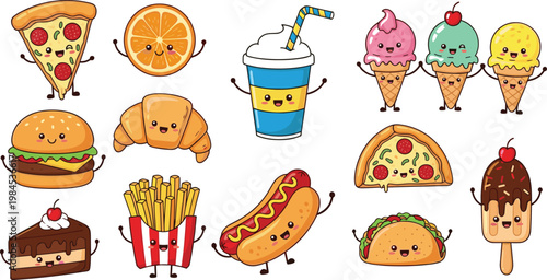 Cute fast food cartoon characters vector set with pizza, burger, fries, ice cream, soda, taco and desserts funny kawaii illustration collection